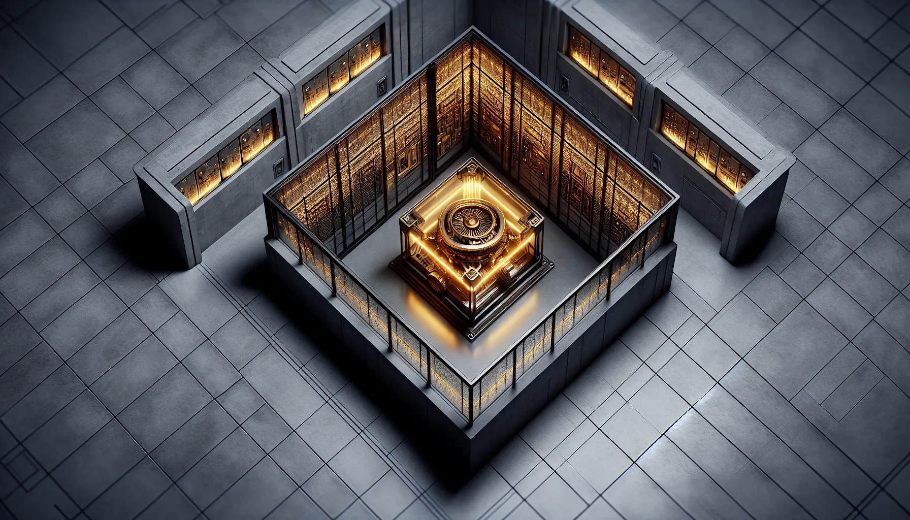 A containment cell with a single glowing machine, surrounded by a gold mesh network
