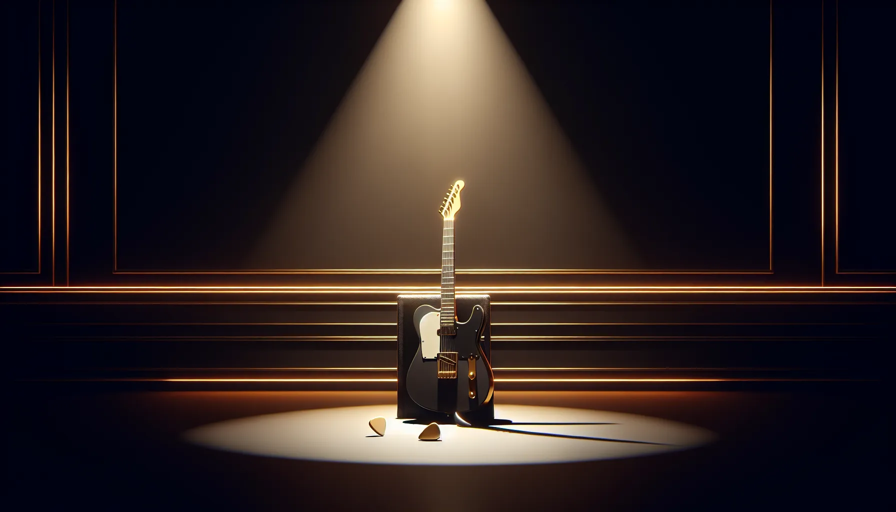 A lone electric guitar under a single spotlight, amber glow against deep black