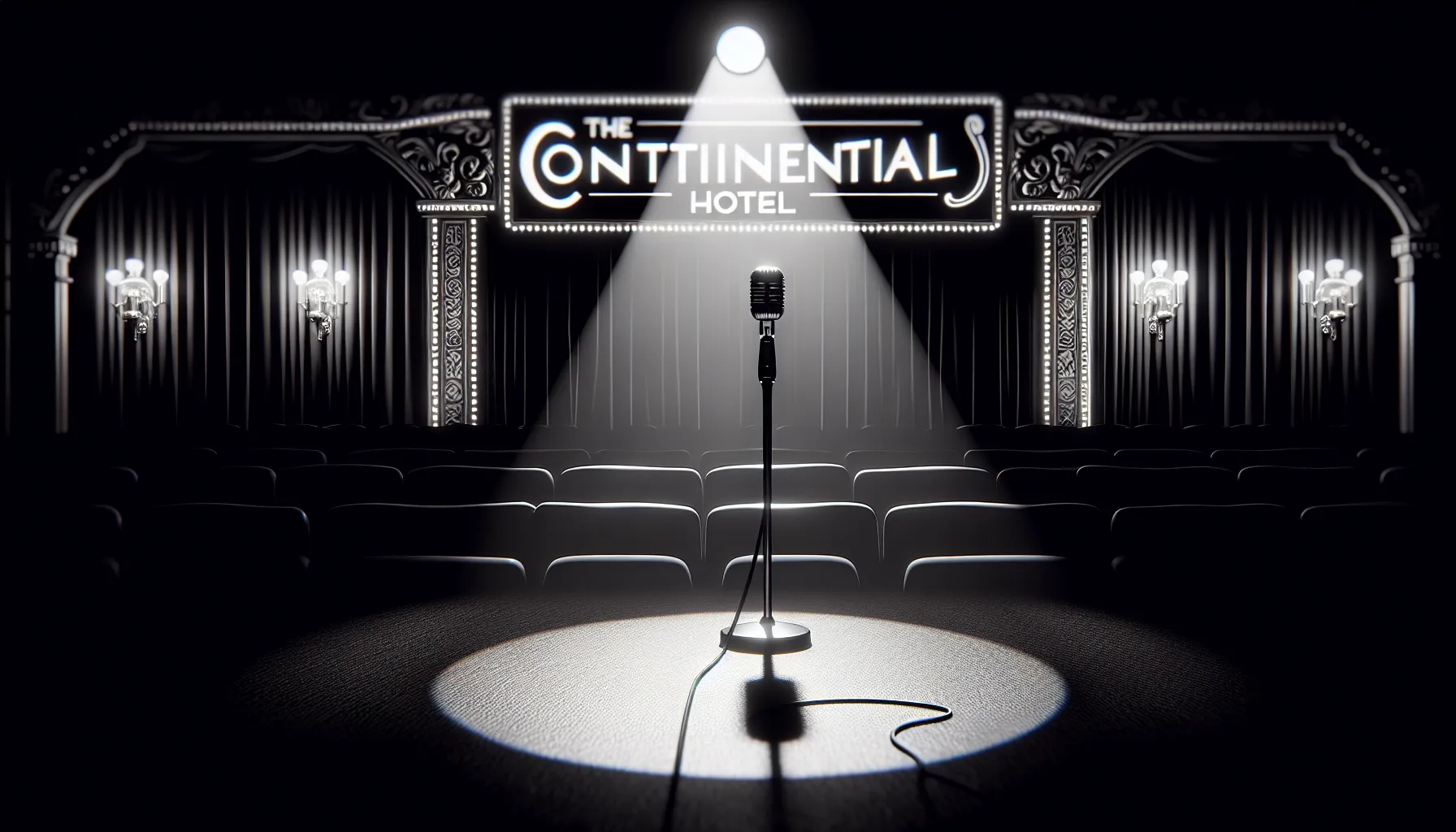 Microphone under spotlight on empty dark stage