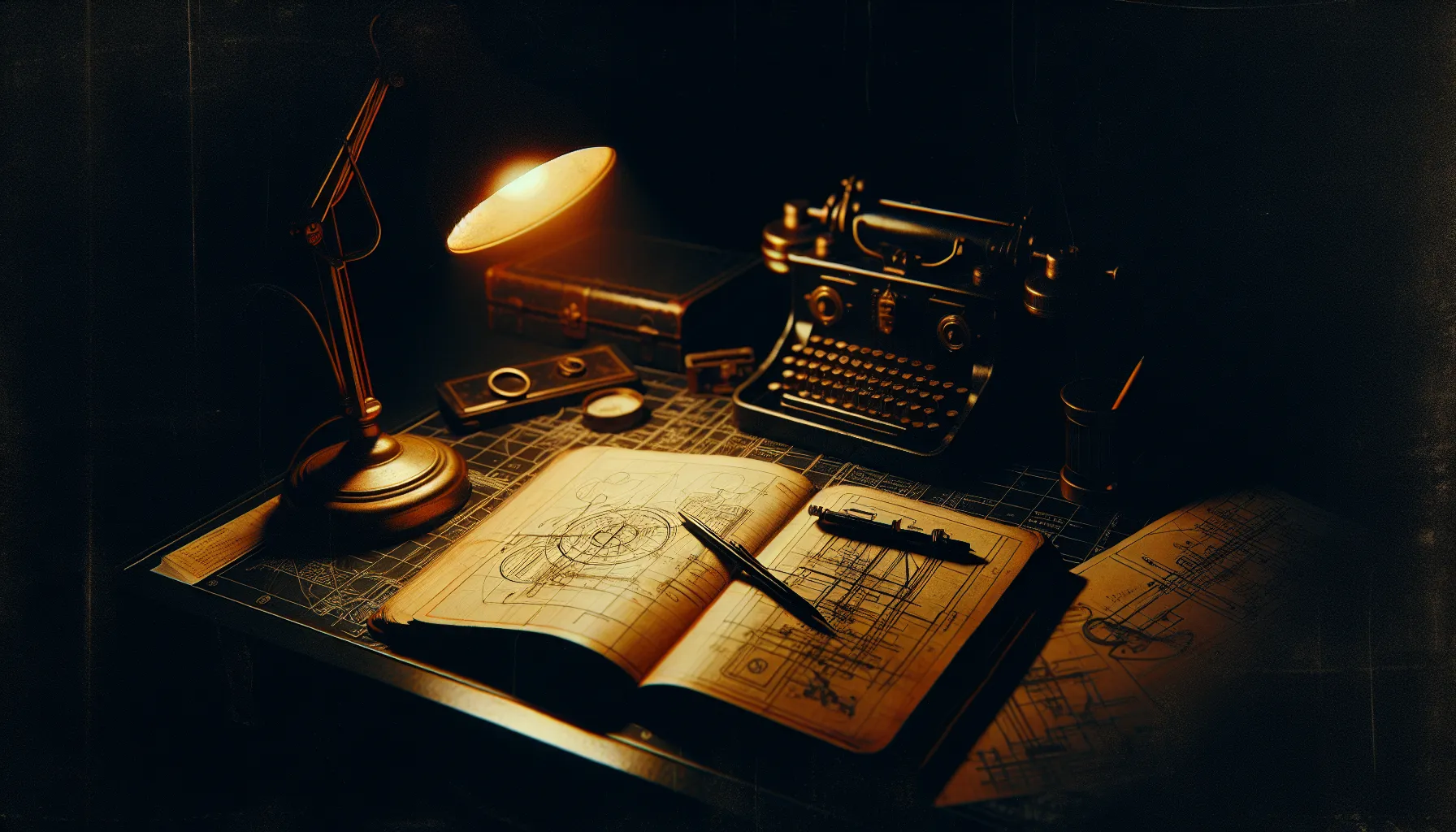 An operator's logbook open on a dark desk under amber light