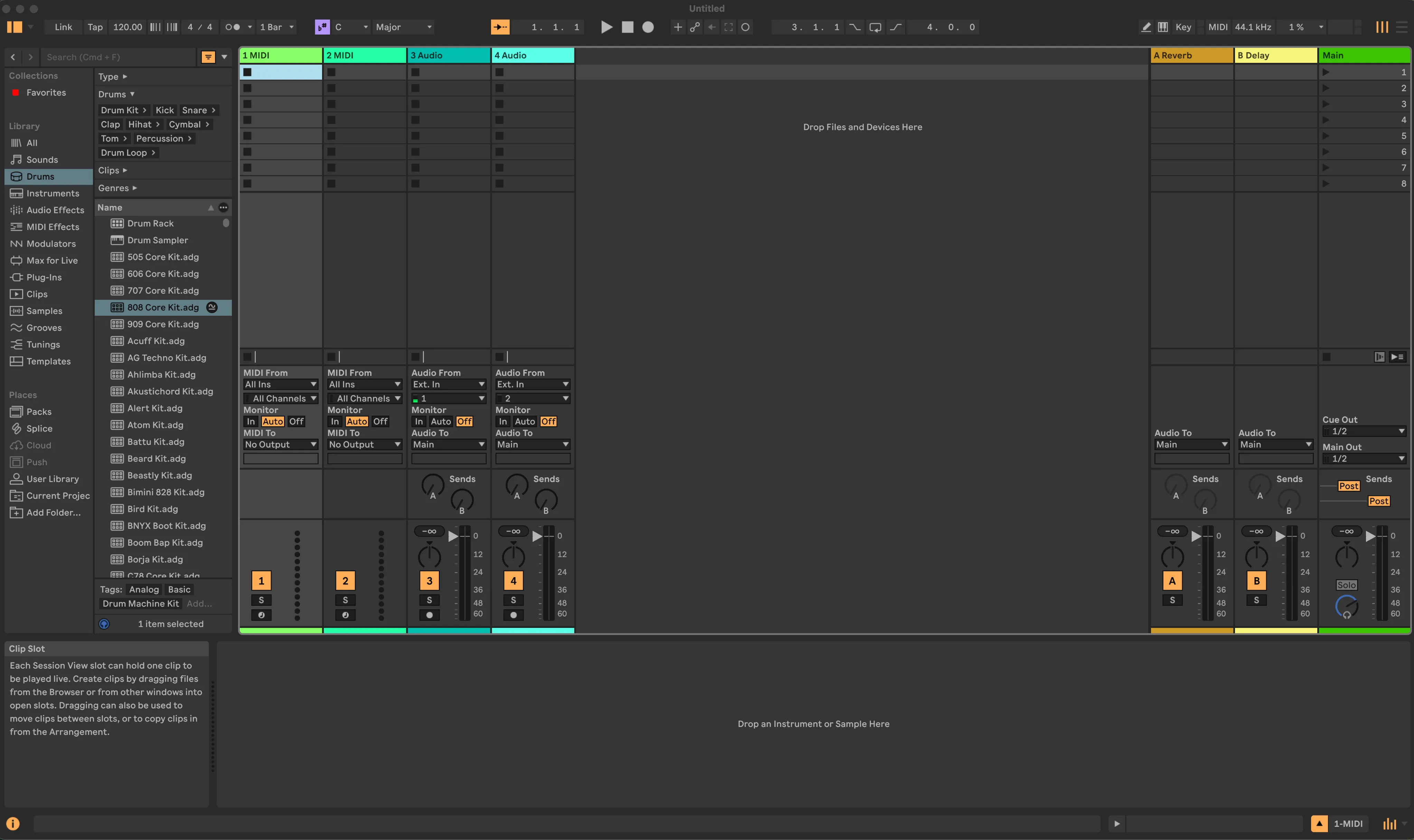 Session View: a grid of clip slots with tracks as columns