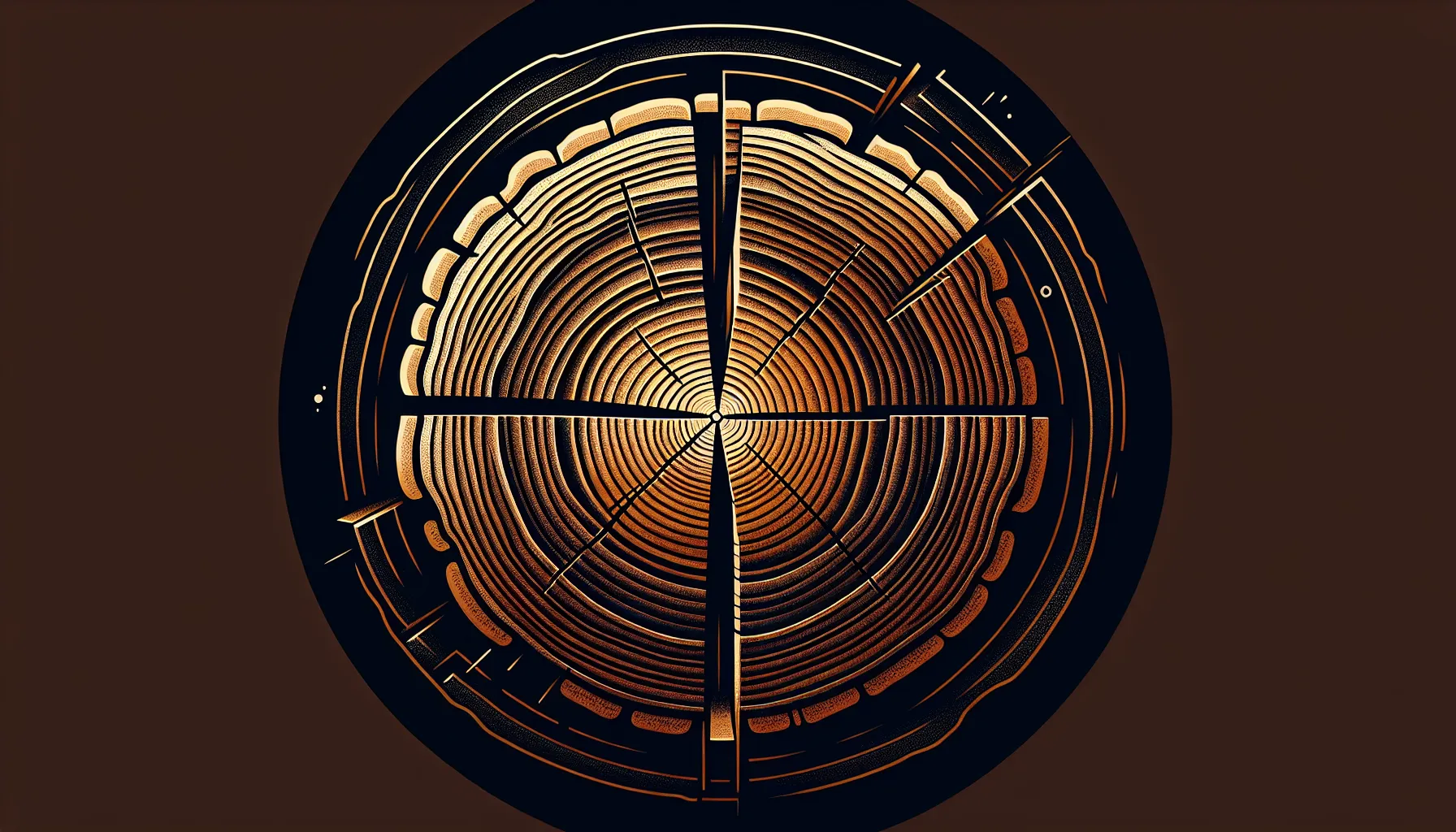 Cross-section of a tree trunk with glowing heartwood and dark bark rings
