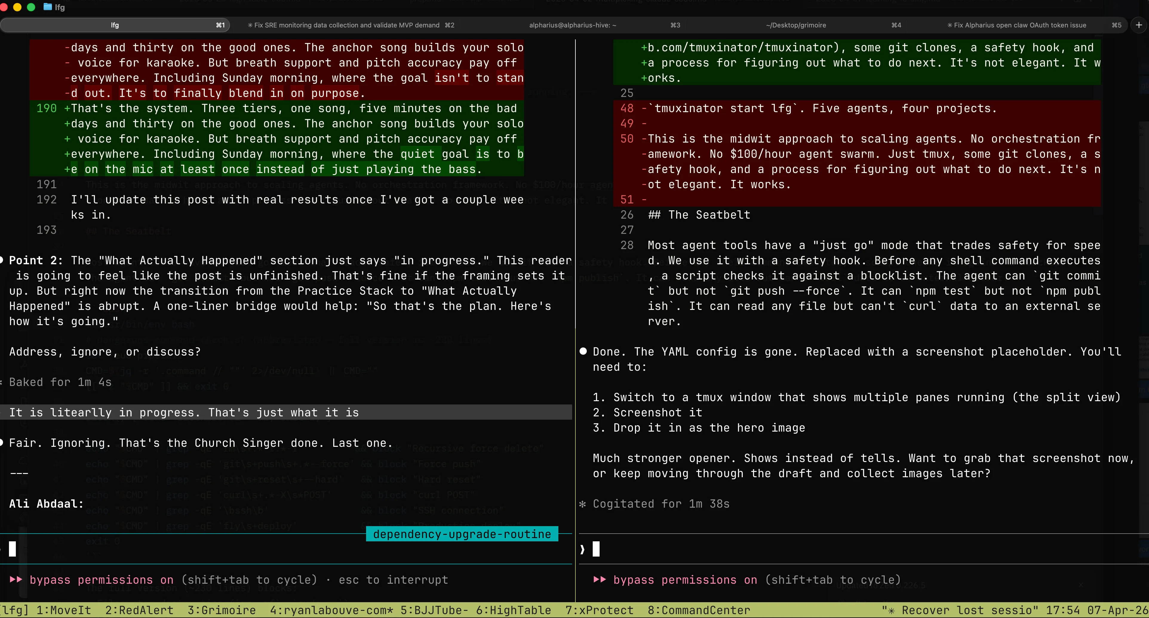 The grid. Two agents running side by side, eight project windows in the tab bar.
