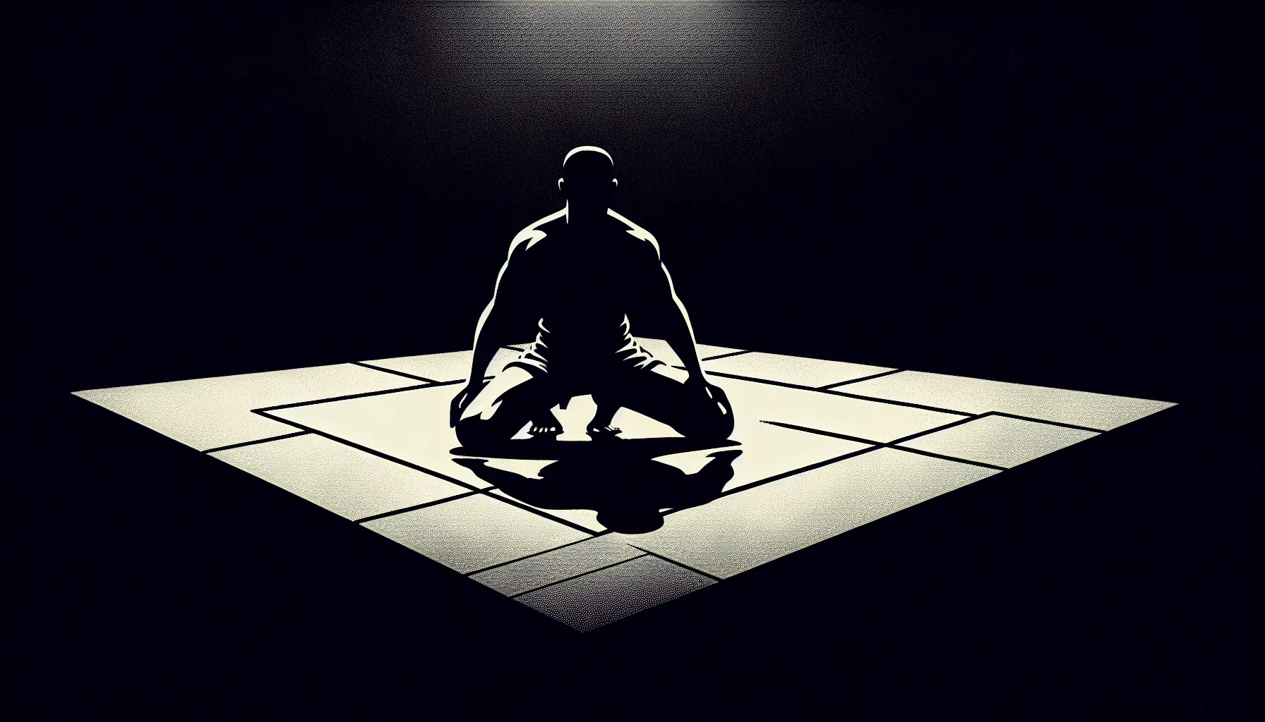 Solo figure on empty mat, focused calm before action