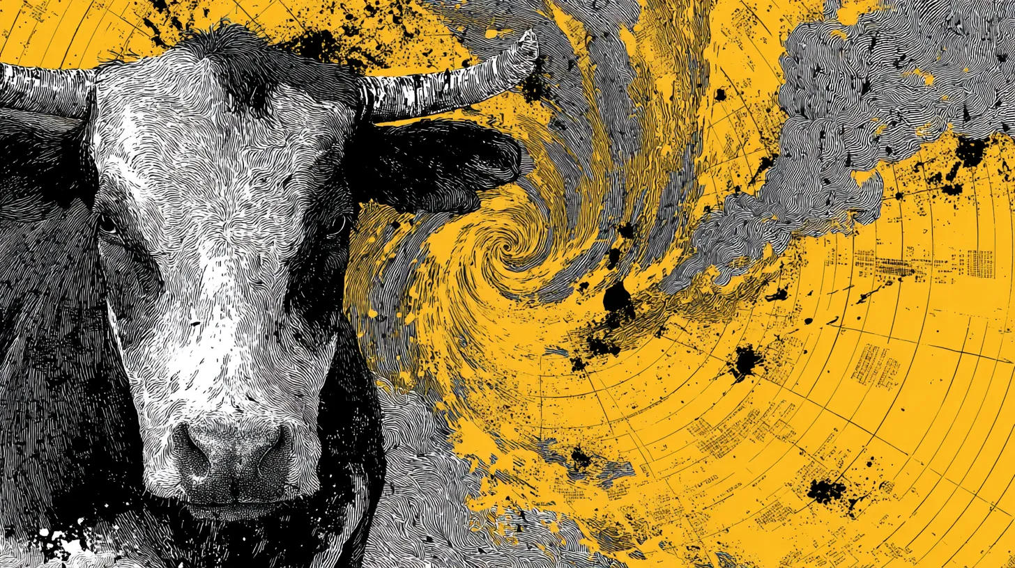 A cow stares down a radar vortex, Steadman ink splatter style