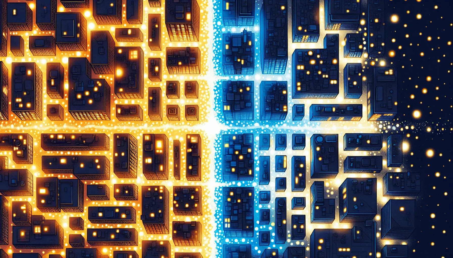 Bird's-eye view of a city at night with warm and cold neighborhoods