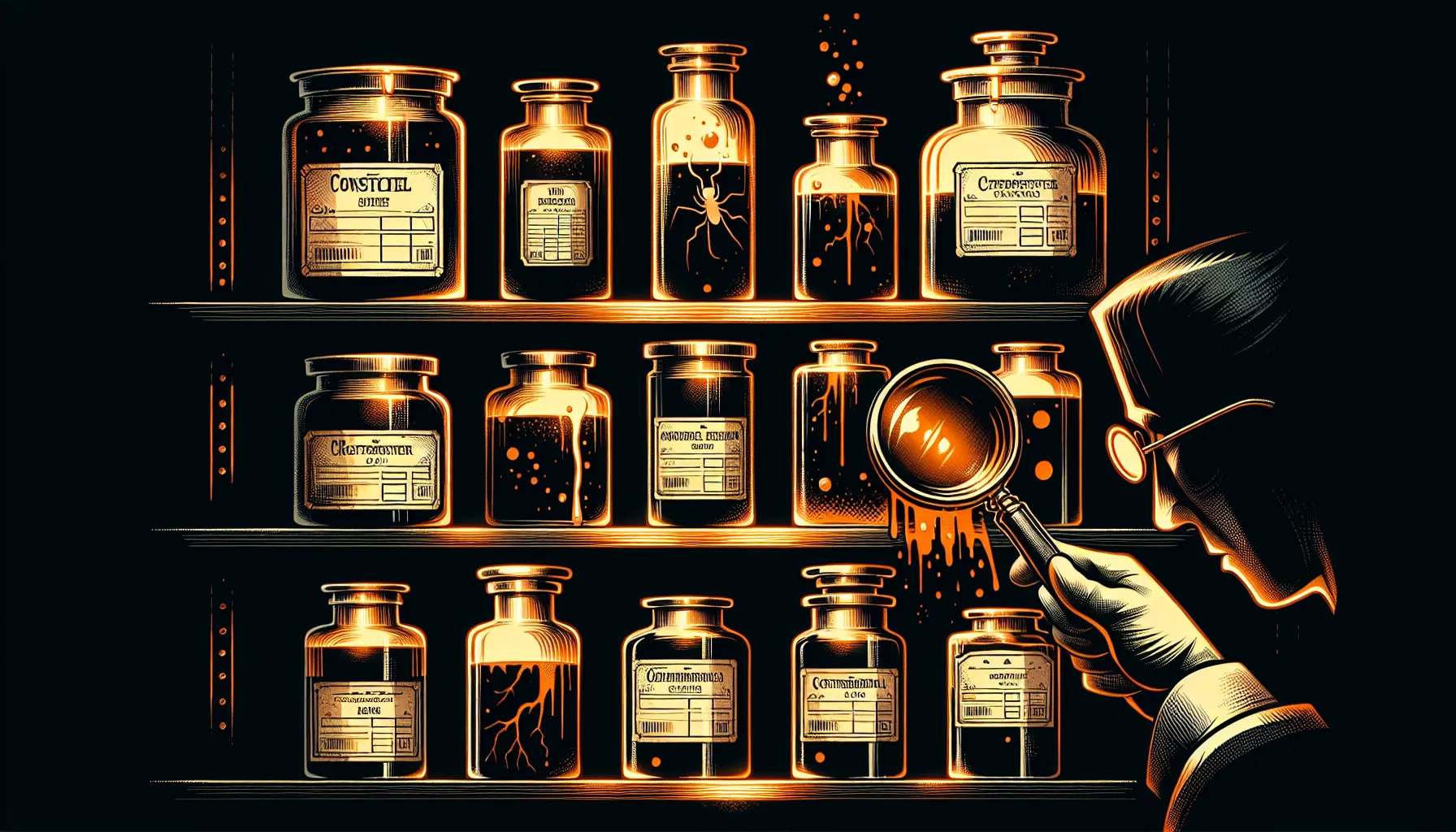 Specimen jars on dark shelves, some safe, some cracked and leaking