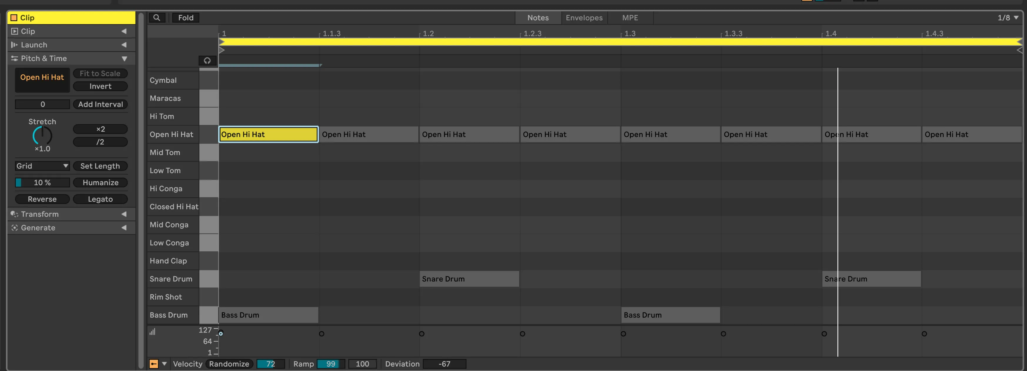 Ableton MIDI editor showing a drum pattern with bass drum, snare, and open hi-hat notes laid out in a grid