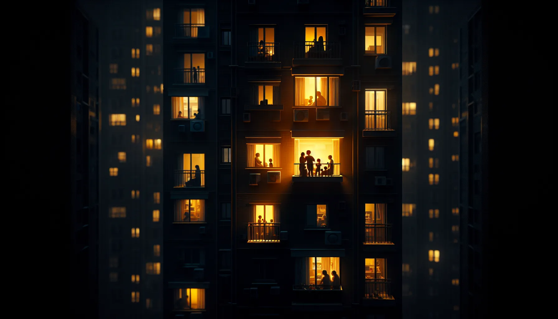 A single lit window in a dark building with family silhouettes inside
