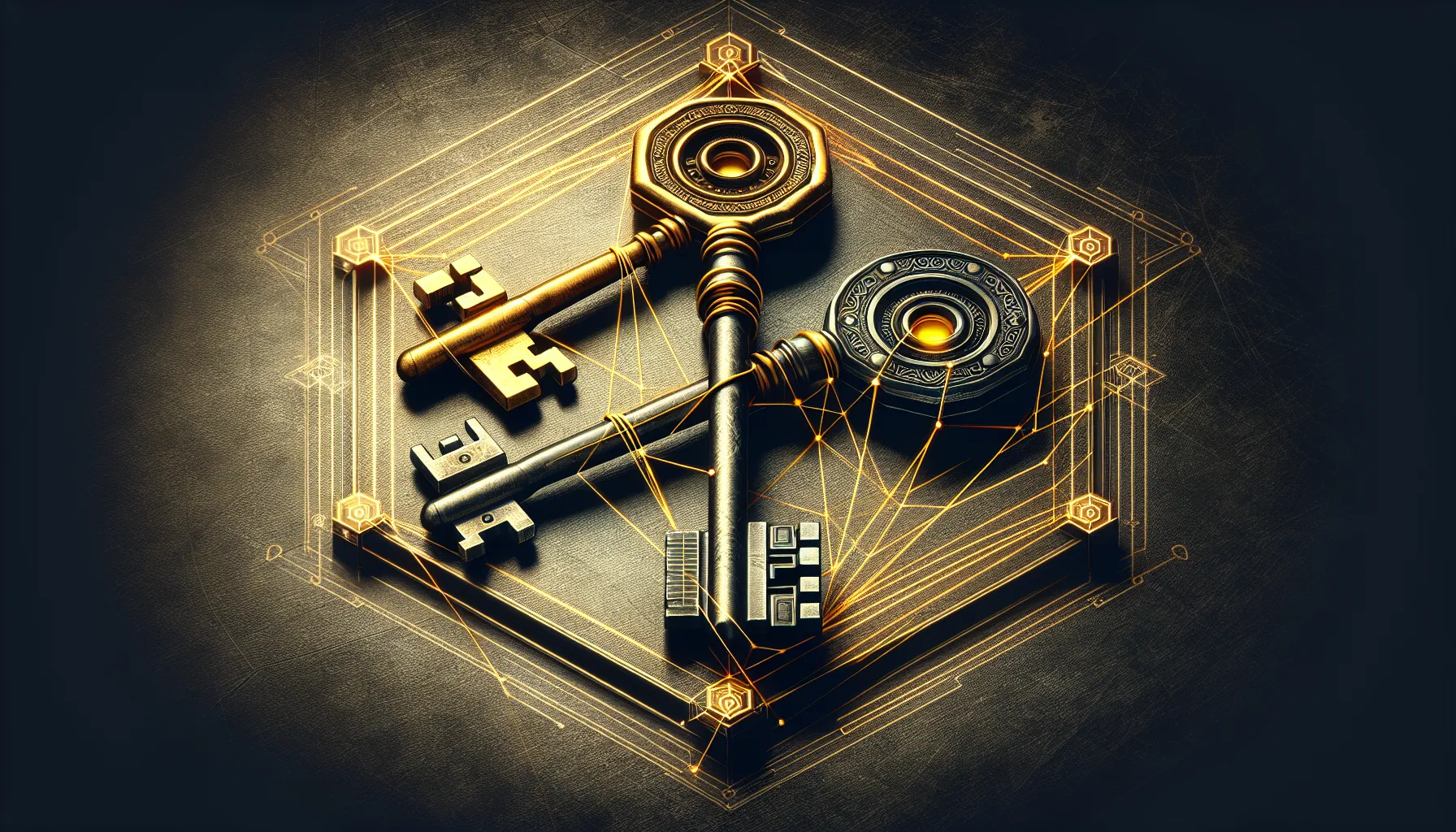 Three keys of different sizes connected by an amber thread