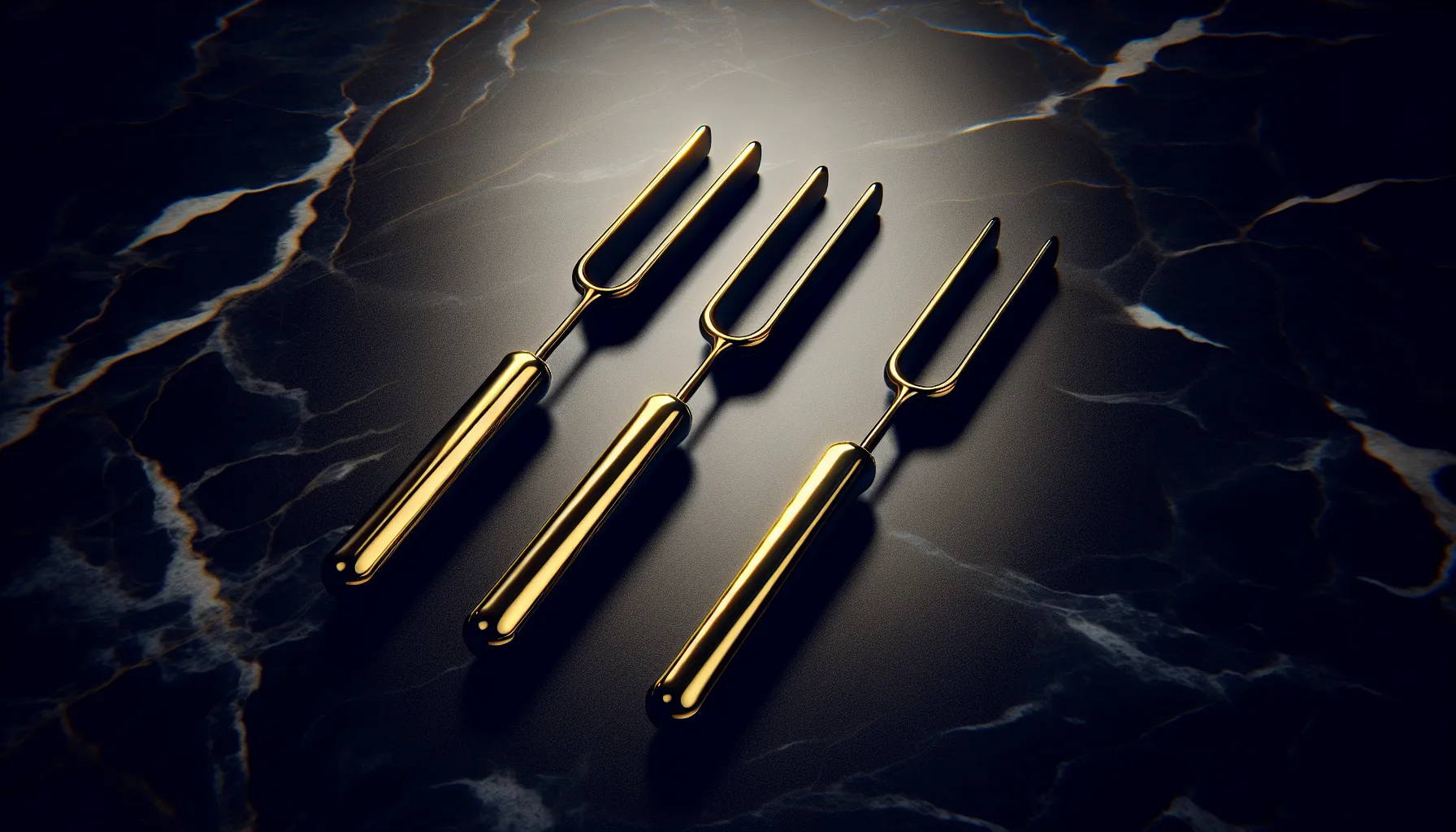 Three tuning forks on dark surface