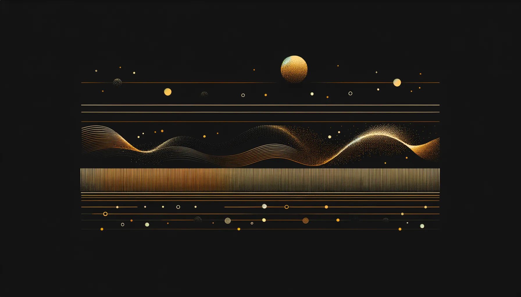 Three horizontal bands of sound: rhythmic dots, a flowing waveform, scattered particles