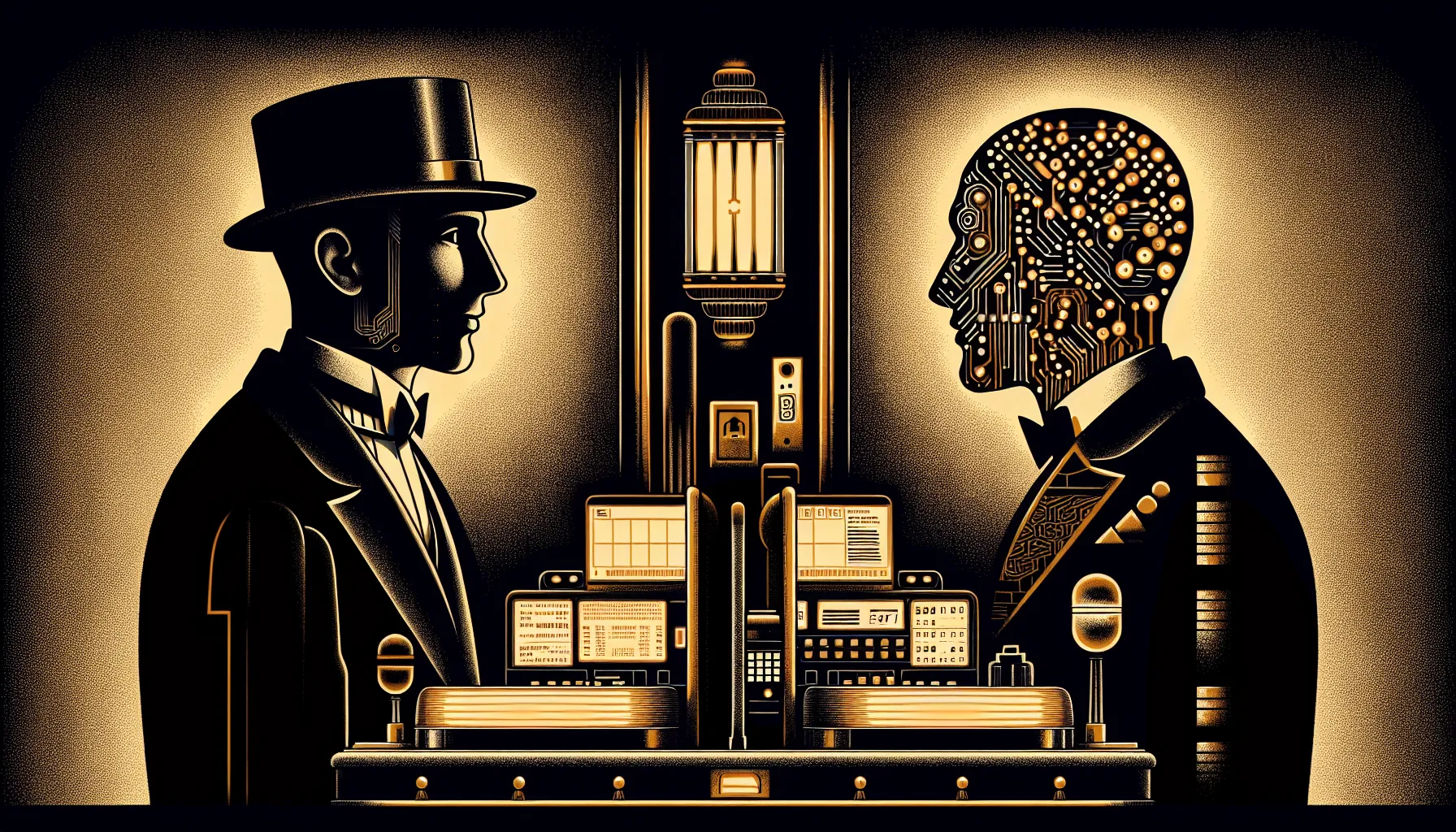 Human and AI silhouettes working side by side at a terminal, amber light between them