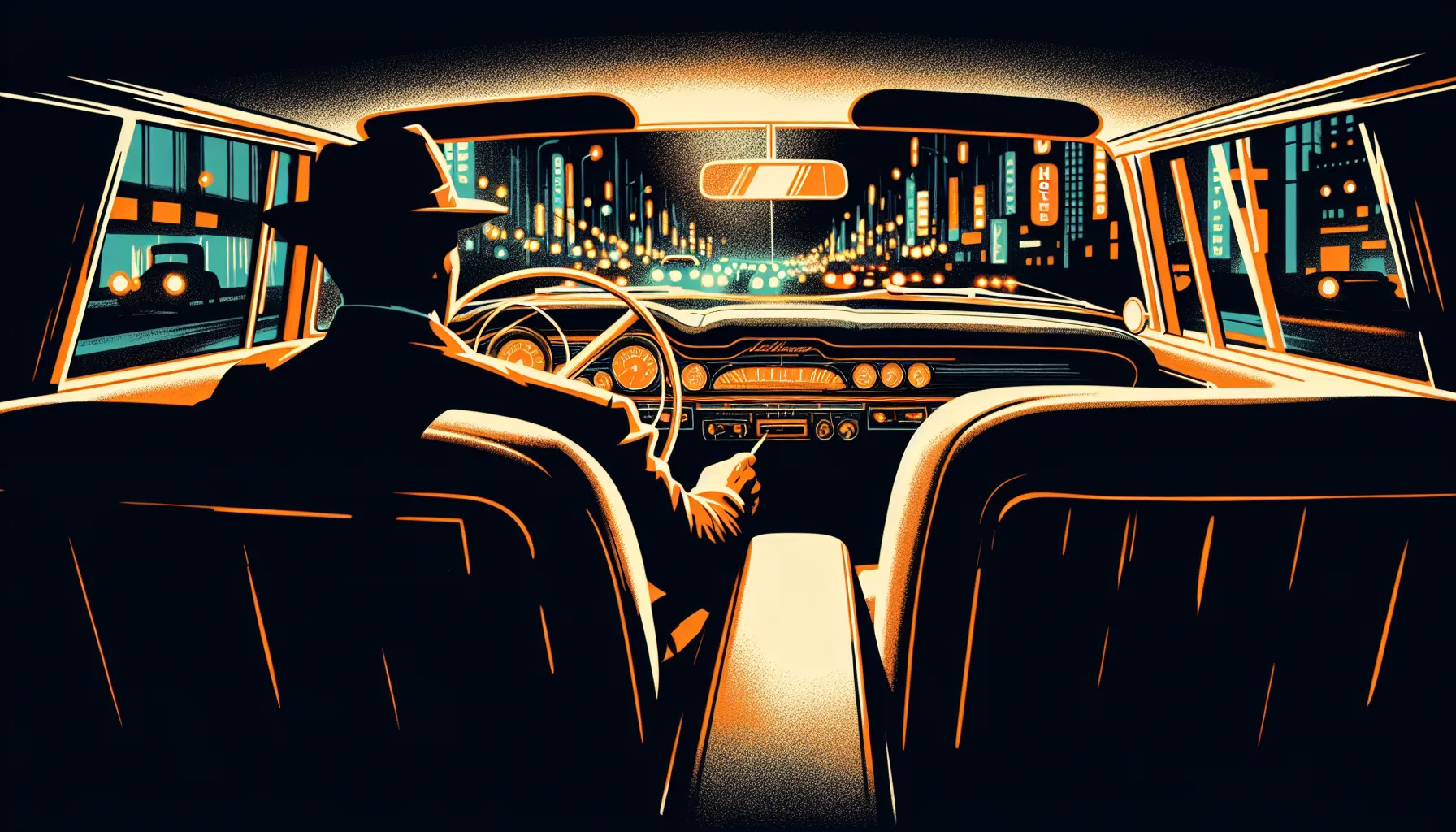 Driver singing in car at night with amber dashboard lights