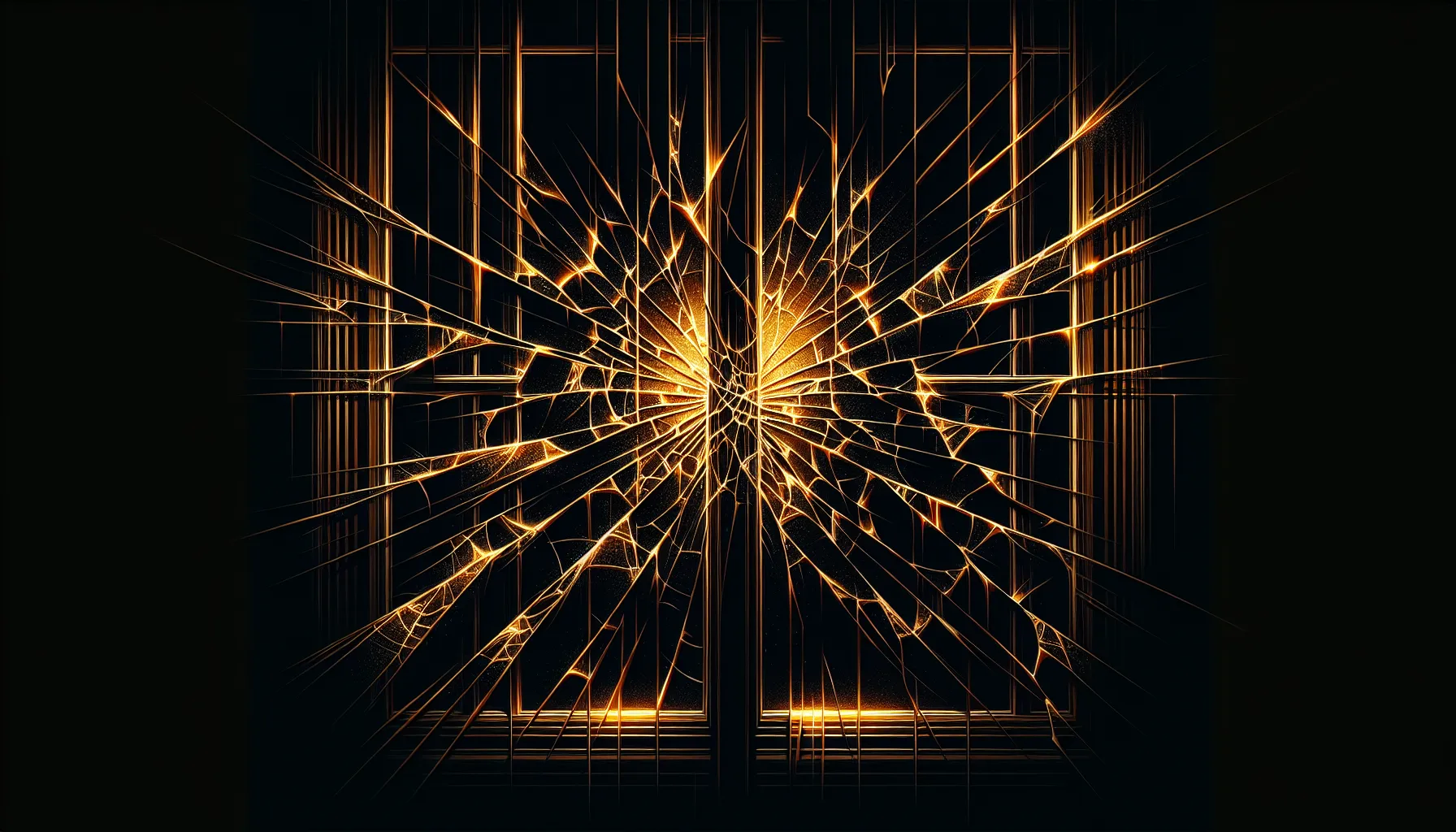 Cracked glass panel with amber light leaking through fracture lines