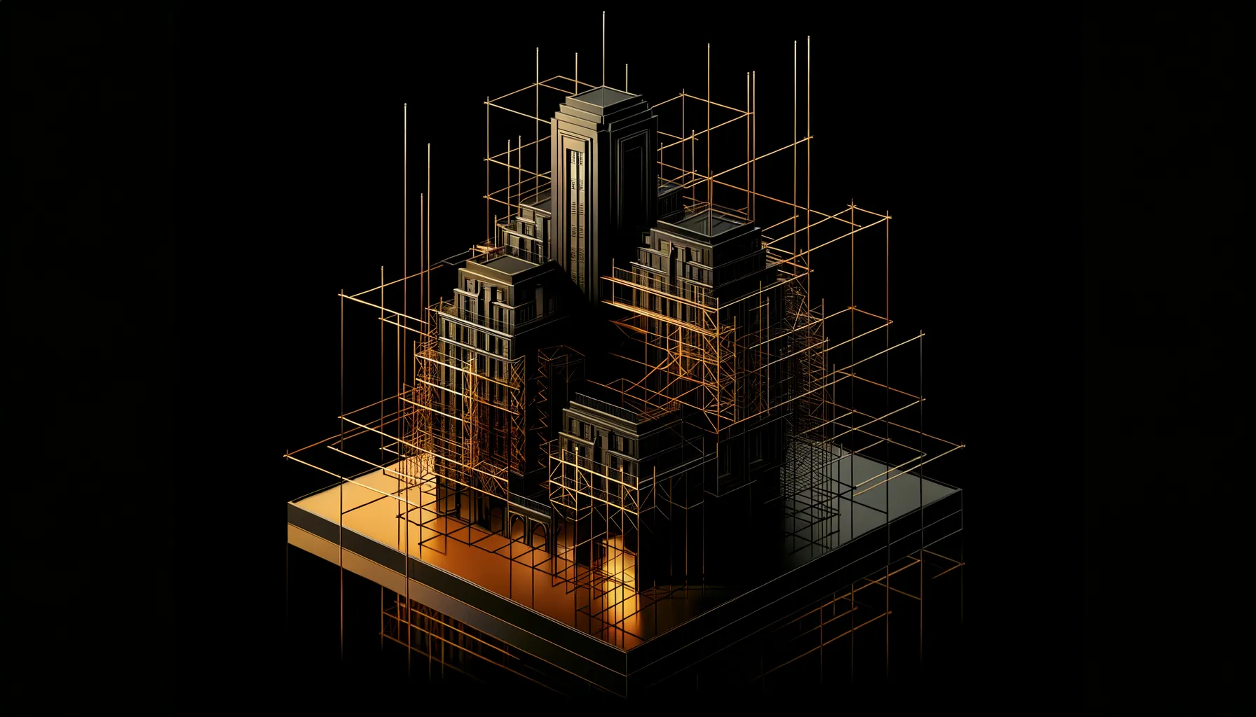 Abstract geometric scaffolding forming in amber wireframe against pure black, precise angular construction