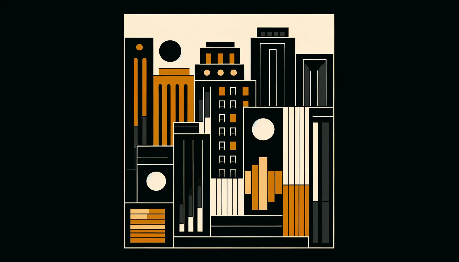 Five amber shapes contained within dark rectangular boundaries, each shape constrained and dimmed, negative space dominant