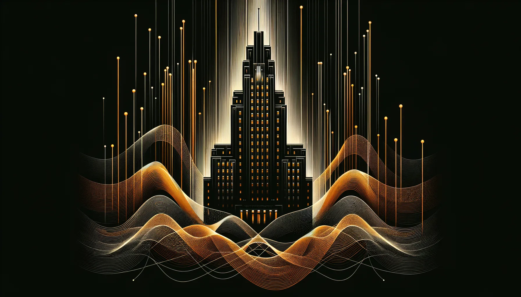 Flowing amber data lines streaming vertically against black, some lines pulsing brighter, abstract monitoring visualization