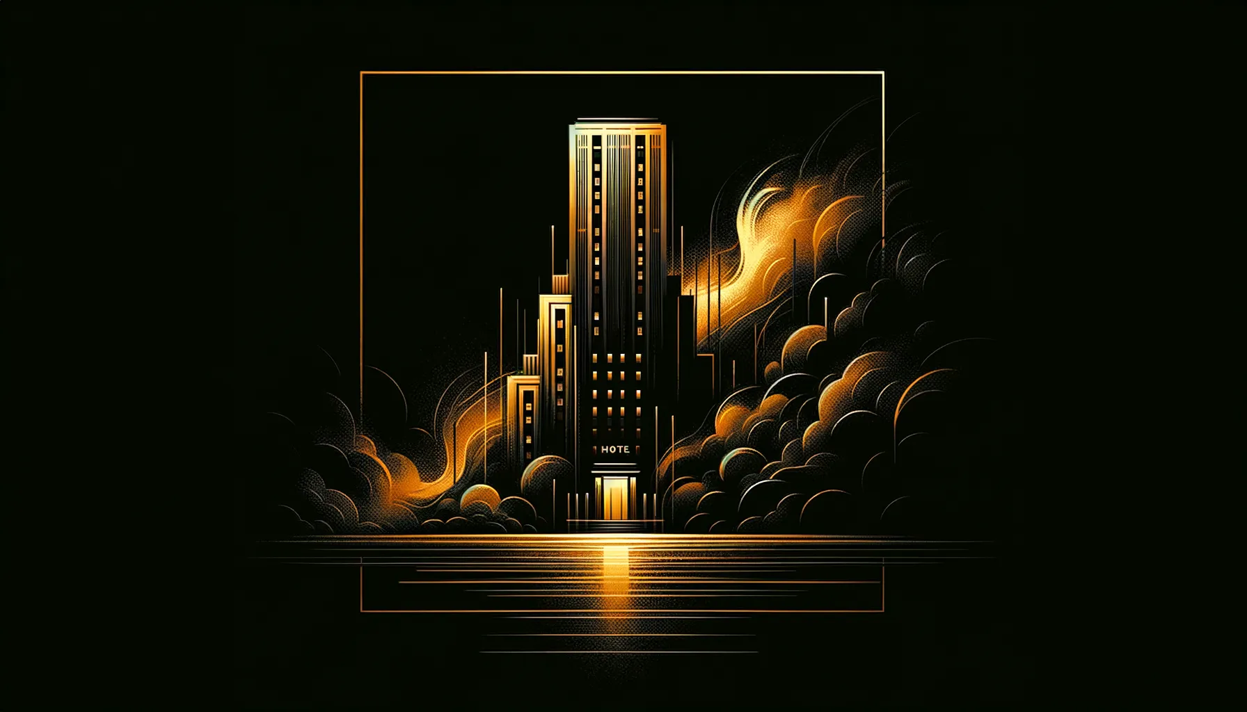 A single luminous amber rectangle floating in deep black void, faint text-like lines visible within, elegant and solitary