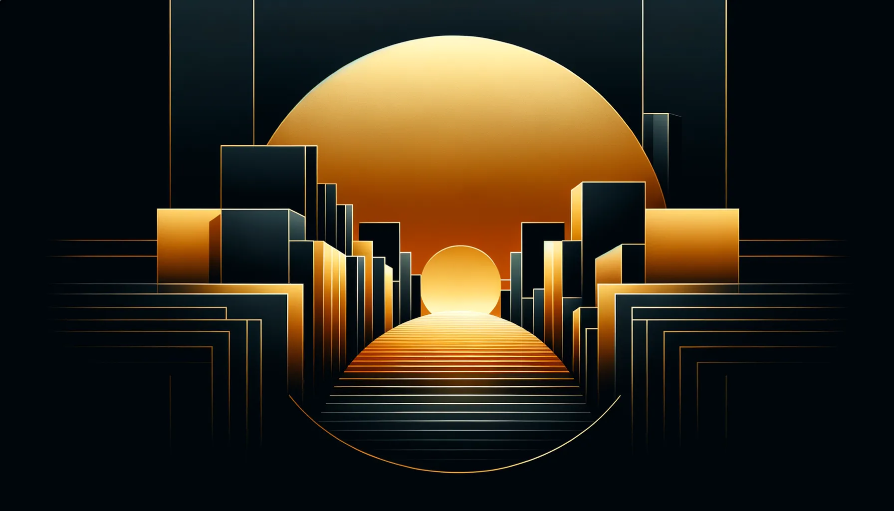 Abstract amber gradient horizon line where gold meets deep black, soft glow suggesting dawn, vast negative space